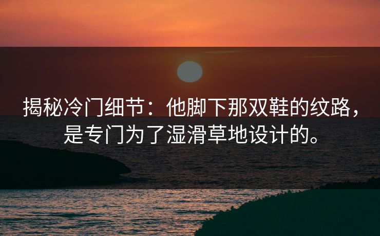 揭秘冷门细节:他脚下那双鞋的纹路,是专门为了湿滑草地设计的。 揭秘冷门细节:他脚下那双鞋的纹路,是专门为了湿滑草地设计的。